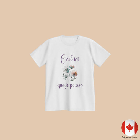 T-shirt premium blanc avec motif fleurs et papillons « C'est ici que je pousse » - Artic60