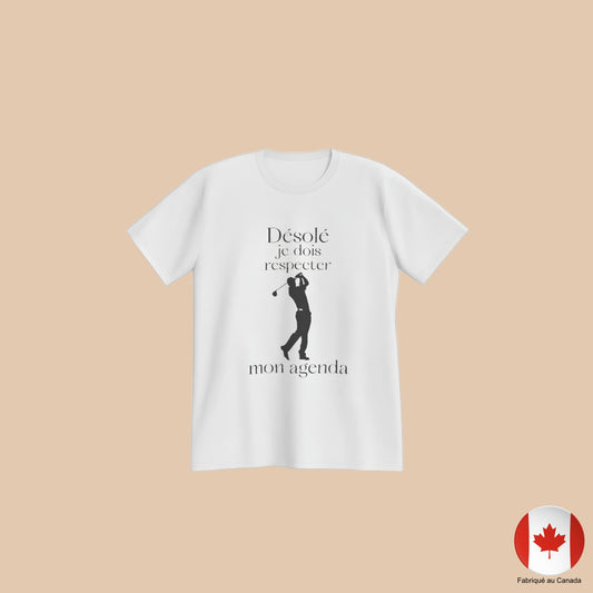T-shirt blanc humoristique golf avec message « Désolé je dois respecter mon agenda » – Artic60