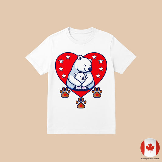 T-shirt blanc avec motif d’ours polaire câlin et cœur rouge décoré d’étoiles