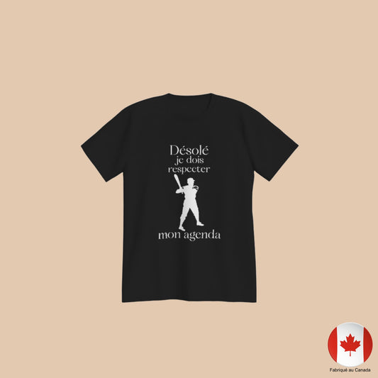 T-shirt noir baseball humoristique avec message « Désolé je dois respecter mon agenda » – Artic60