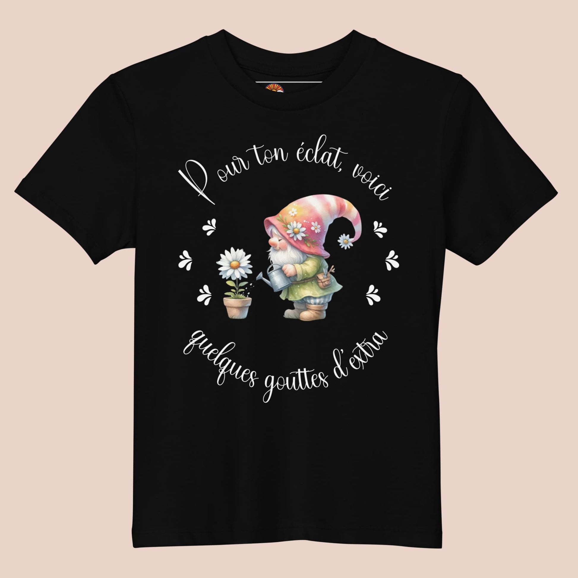 T-shirt noir pour enfant en coton bio avec illustration mignonne d'un lutin et d'une marguerite