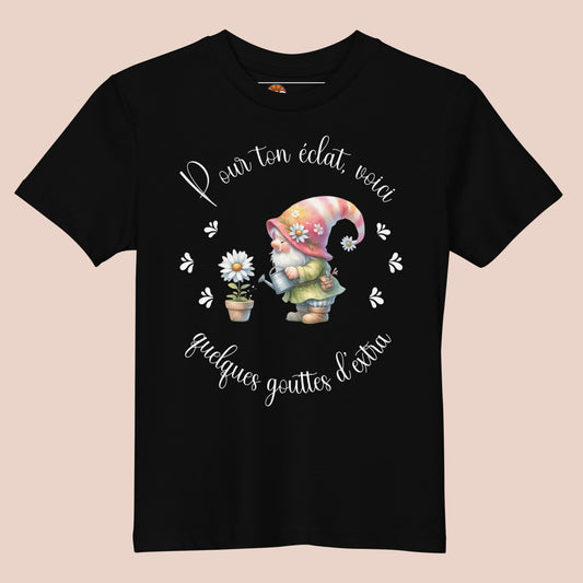 T-shirt noir pour enfant en coton bio avec illustration mignonne d'un lutin et d'une marguerite
