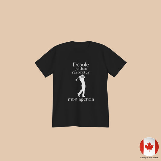 T-shirt noir humoristique golf avec message « Désolé je dois respecter mon agenda » – Artic60