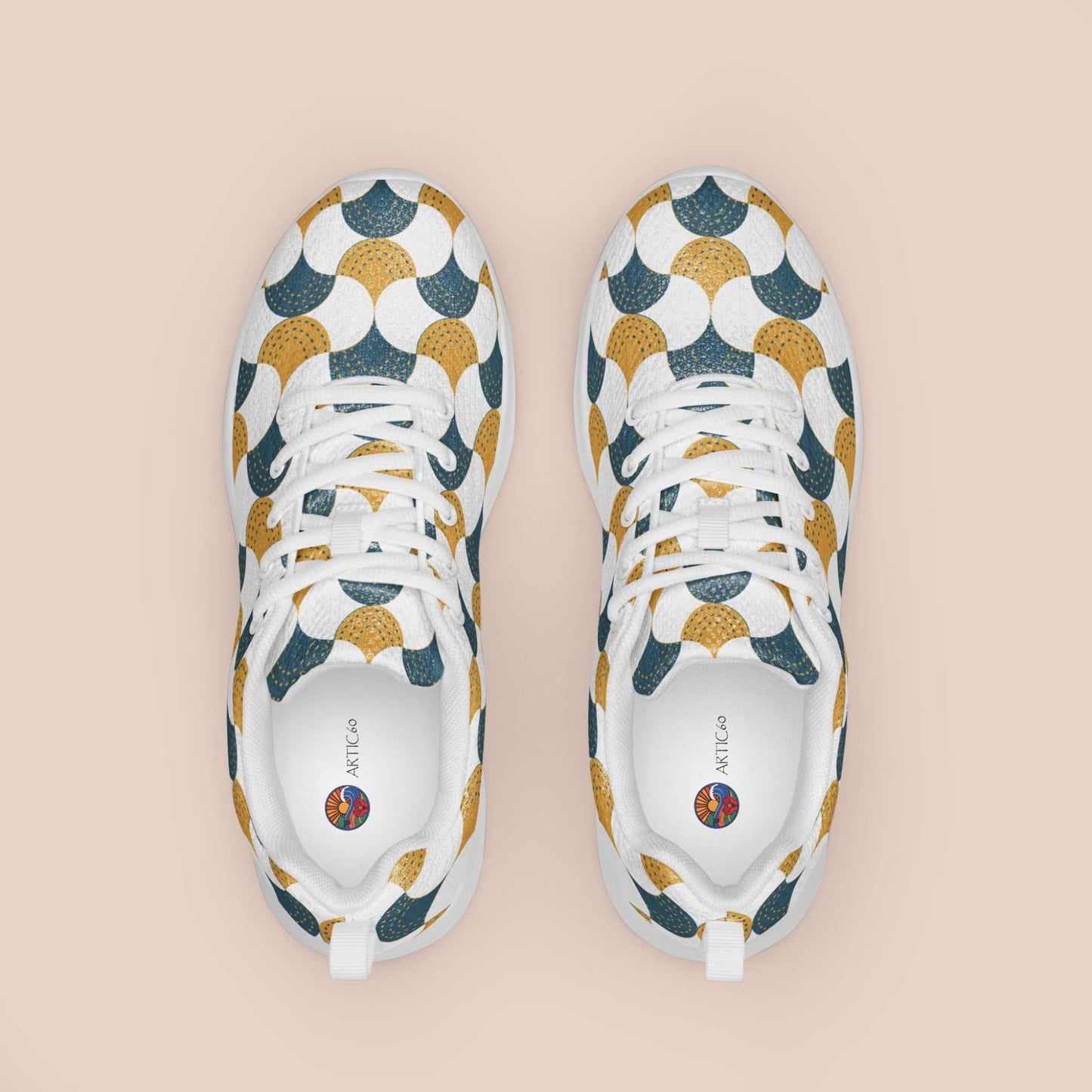 Vue de haut chaussures sports au motif de scalopes jaunes et or semelle blanche - Artic60