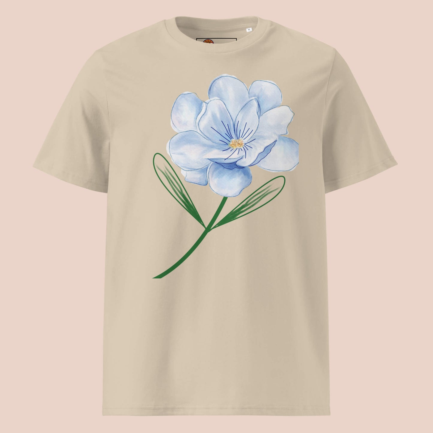 T-shirt beige en coton biologique orné d’une fleur bleue à l’aquarelle – Artic60