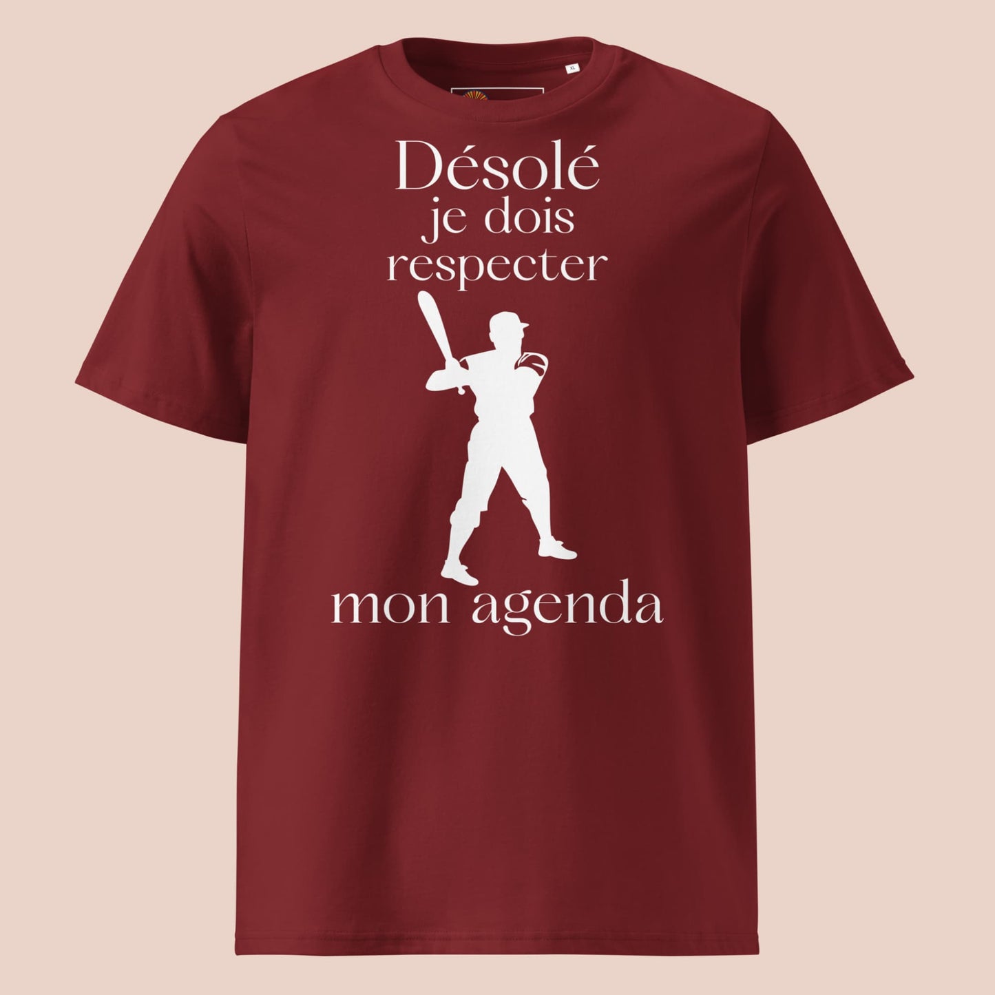T-shirt bourgogne à plat avec design blanc de baseball et message drôle – Artic60