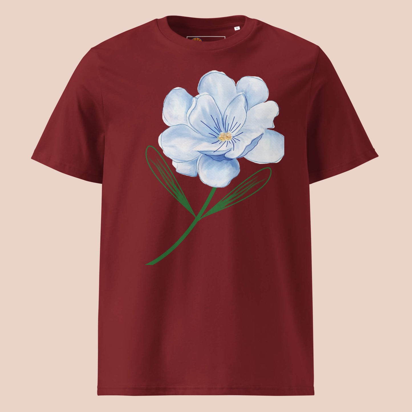 T-shirt bourgogne en coton bio avec une illustration florale bleue à l’aquarelle – Artic60