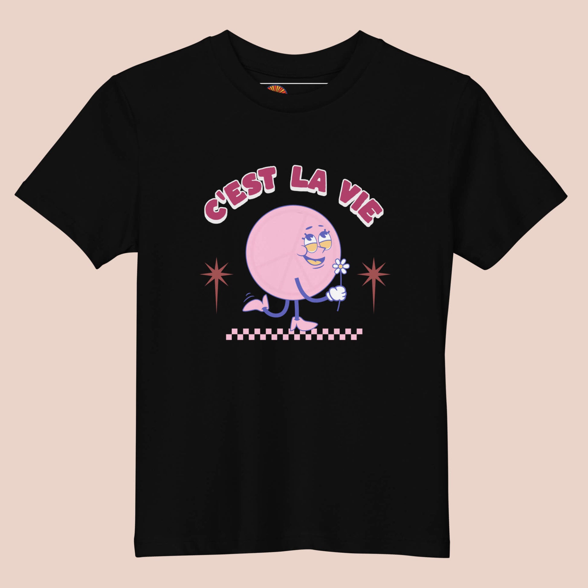 T-shirt enfant noir en coton bio avec un design rétro coloré et l’expression « C’est la vie » – Artic60