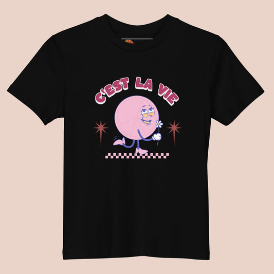 T-shirt enfant noir en coton bio avec un design rétro coloré et l’expression « C’est la vie » – Artic60