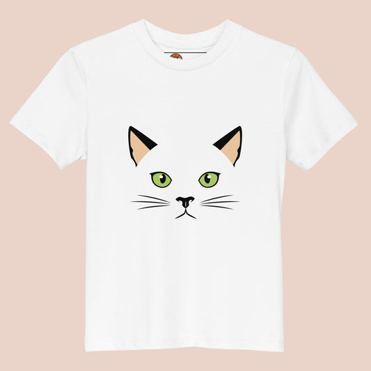 T-shirt enfant en coton bio blanc avec un design minimaliste de face de chat aux yeux verts – Artic60
