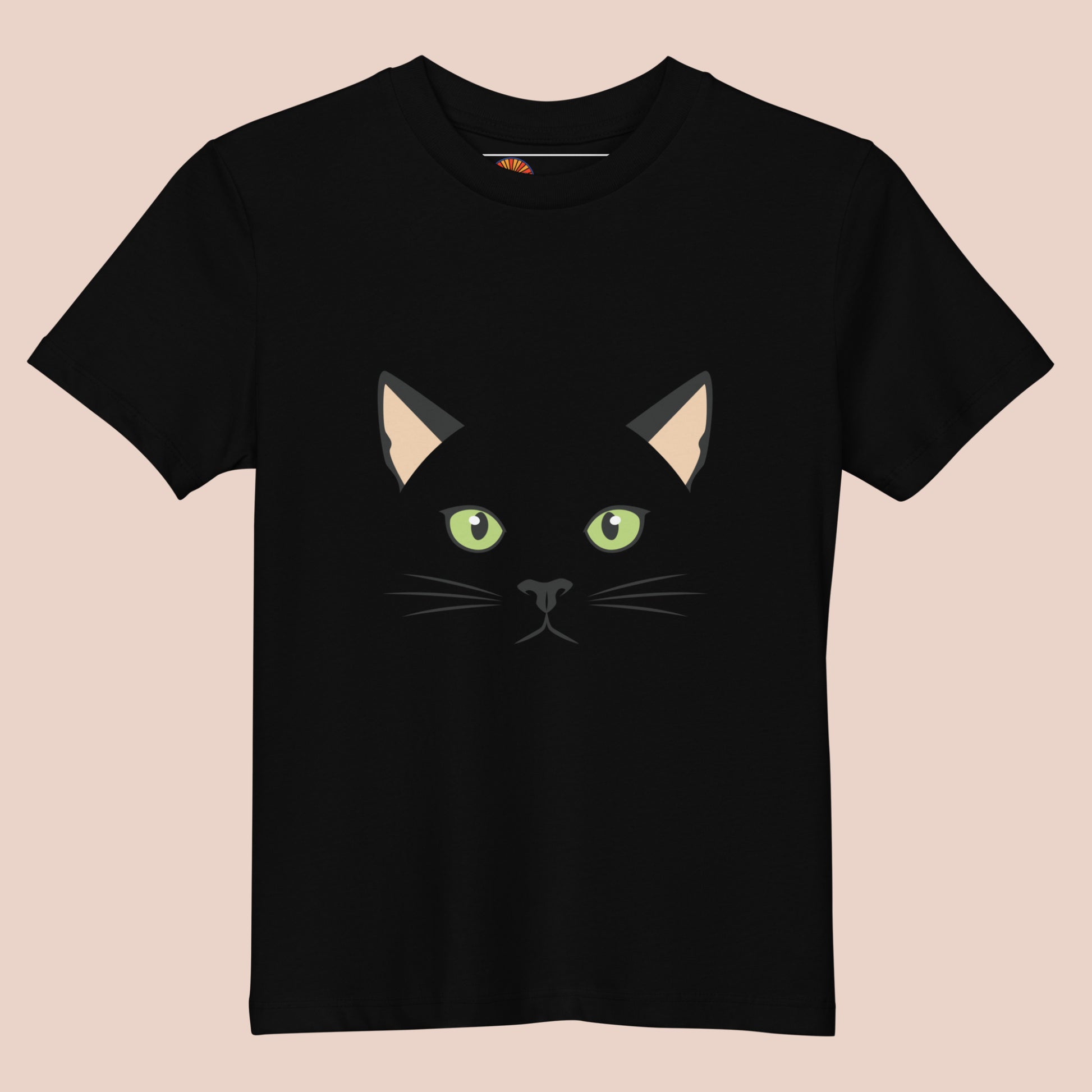 T-shirt enfant en coton bio noir avec un design de chat noir aux yeux verts – Artic60