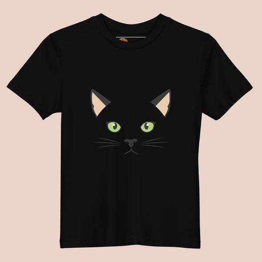 T-shirt enfant en coton bio noir avec un design de chat noir aux yeux verts – Artic60