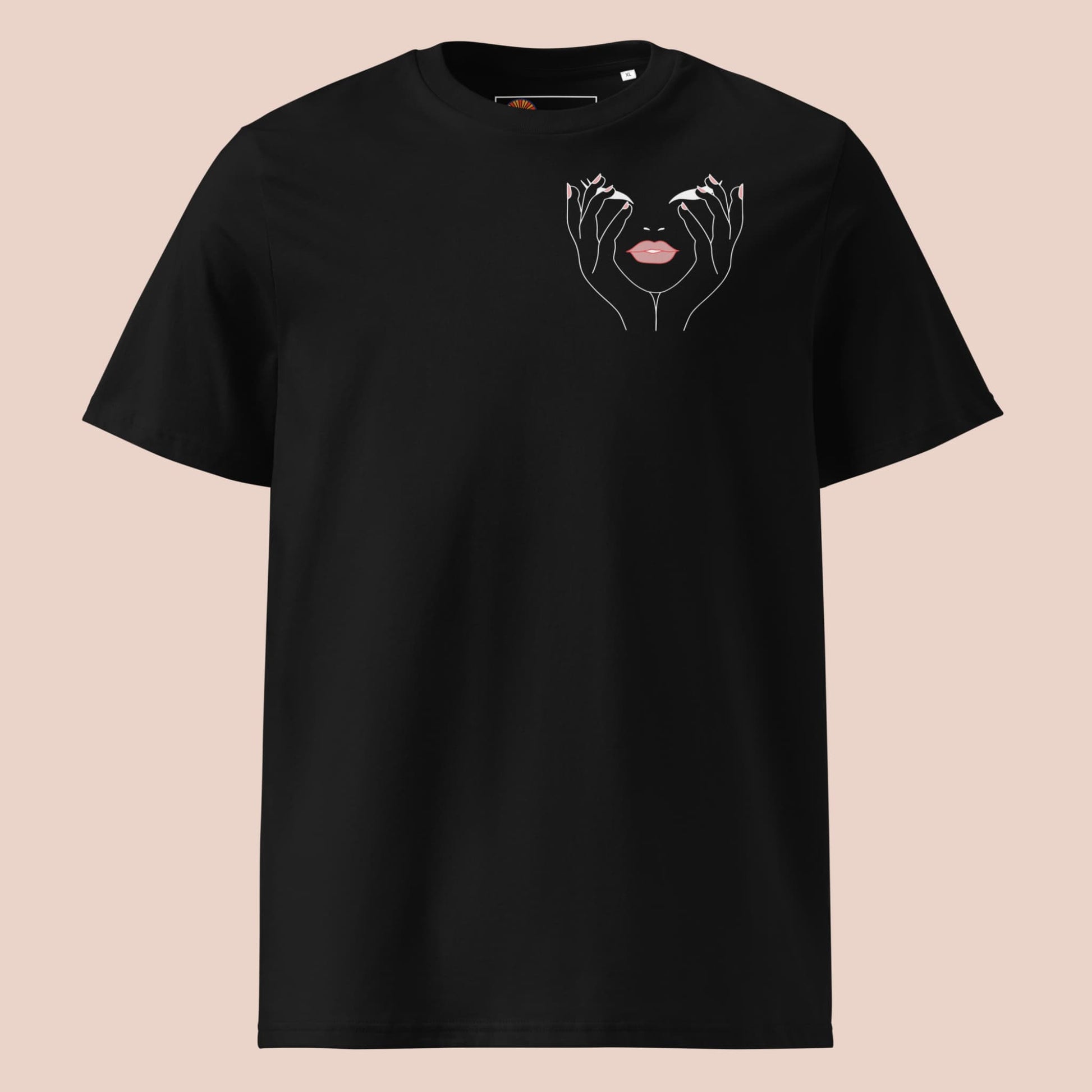 T-shirt noir à plat avec dessin de mains blanches et bouche rose en style minimaliste – Artic60